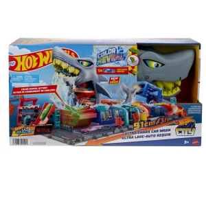 Pista para coches de juguete City "Let's Race - ¡a correr!" Netflix - Túnel de lavado de coches con tiburónHot Wheels