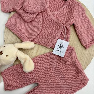 Conjunto 4 Piezas Bebé Recién Nacido Rosa Empolvado | Lazo Lateral y Cuello Pico