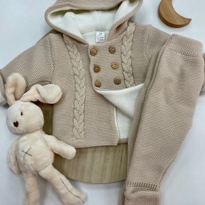Conjunto Chaqueta y Polaina de Lana para Bebé – Color Arena con Capucha (3-12 meses) 🤎🍼