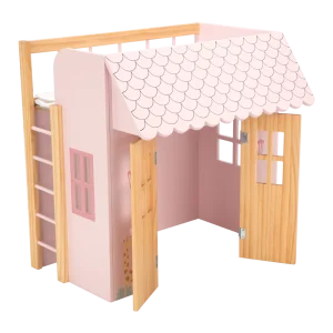 Cama–casita de madera Nature rosa con perchas | Muebles infantiles +3 años