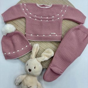 Conjunto primera puesta bebé rosa empolvado con topitos marfil
