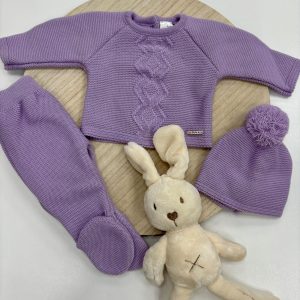 Conjunto primera puesta bebé 3 piezas lila – jersey con dibujo de rombos y gorro con pompón – 00 prematuro a 6 meses
