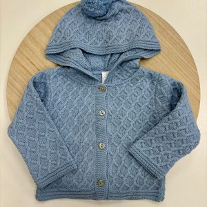 Chaqueta punto bebé con capucha y pompón color azul