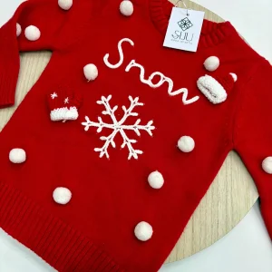 Jersey infantil 2-14 años rojo ❄️ “SNOW” con copos y decoración 3D – Navidad divertida y mágica