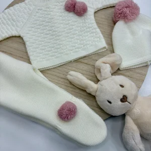 Conjunto bebé Pom Pom marfil con pompones rosa empolvado